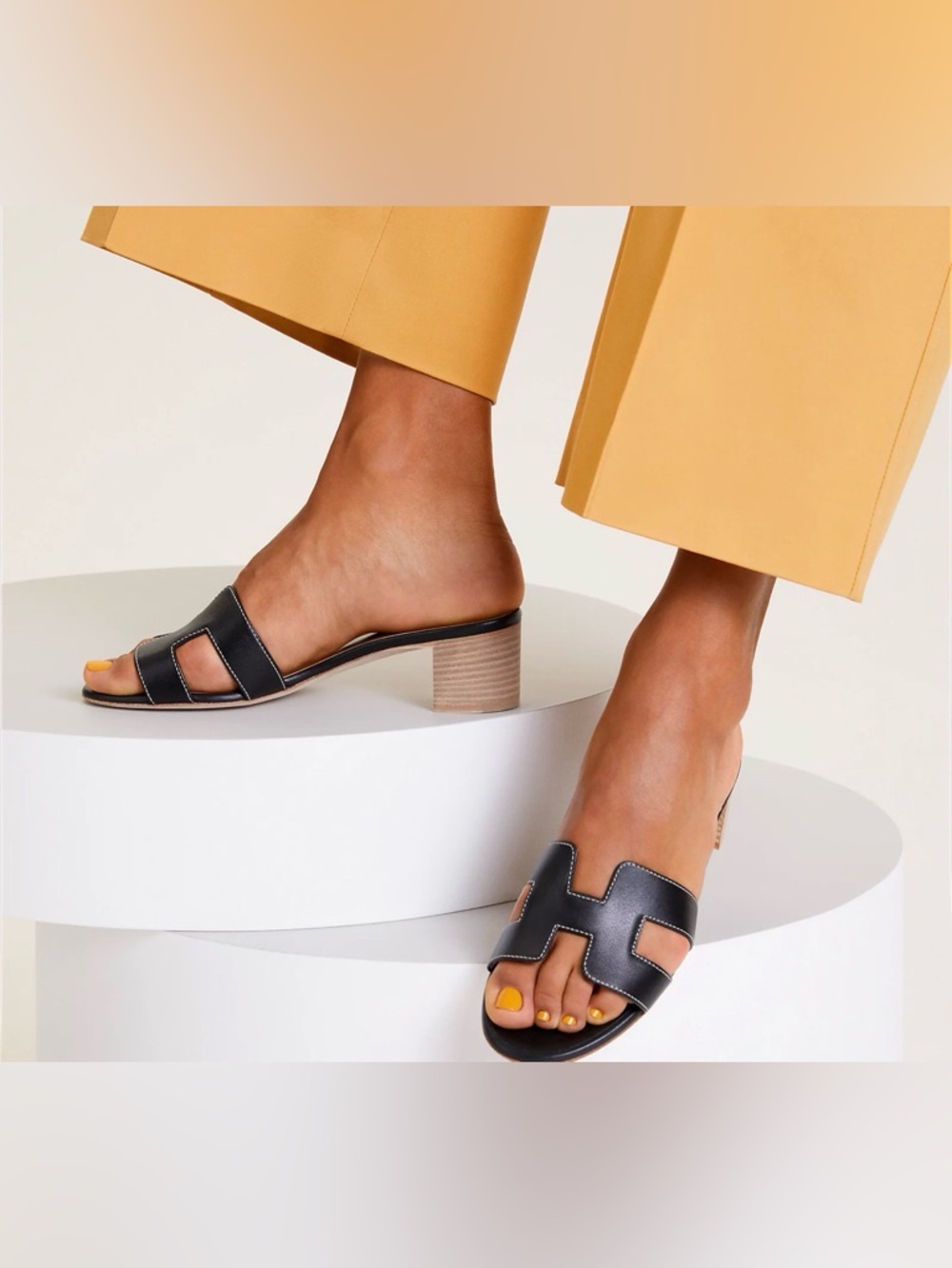 Hermes Black Oasis Leather Slide Sandals with Stacked Heel Sz 35 - Picture 3 of 3